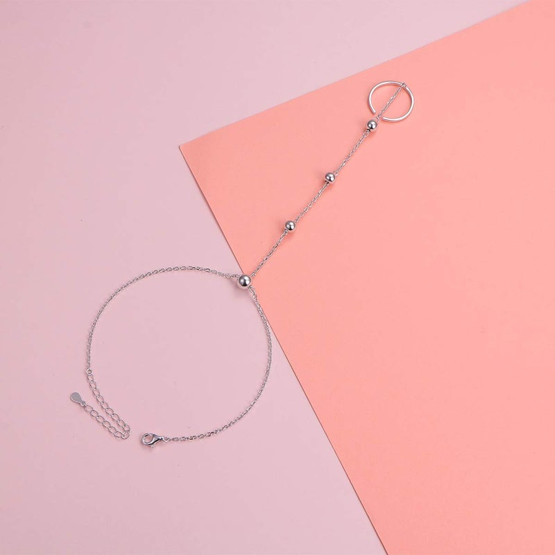 Alphm S925 Sterling Silver Finger Ring Bracelet Attached Hand Harness Bead Chain Set for Women Beads - Image 3